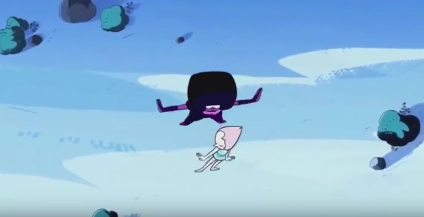  An image shows Pearl standing in front of Garnet as they complete their fusion dance.