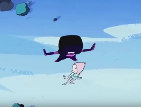 An image shows Pearl standing in front of Garnet as they complete their fusion dance.